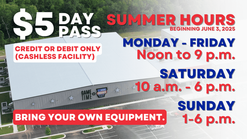 Summer Hours beginning June 3, 2025: Monday through Friday from noon to 9 p.m. Saturday 10 a.m. to 6 p.m. Sunday 1-6 p.m. Bring your own equipment. $5 day pass credit or debit only cashless facility